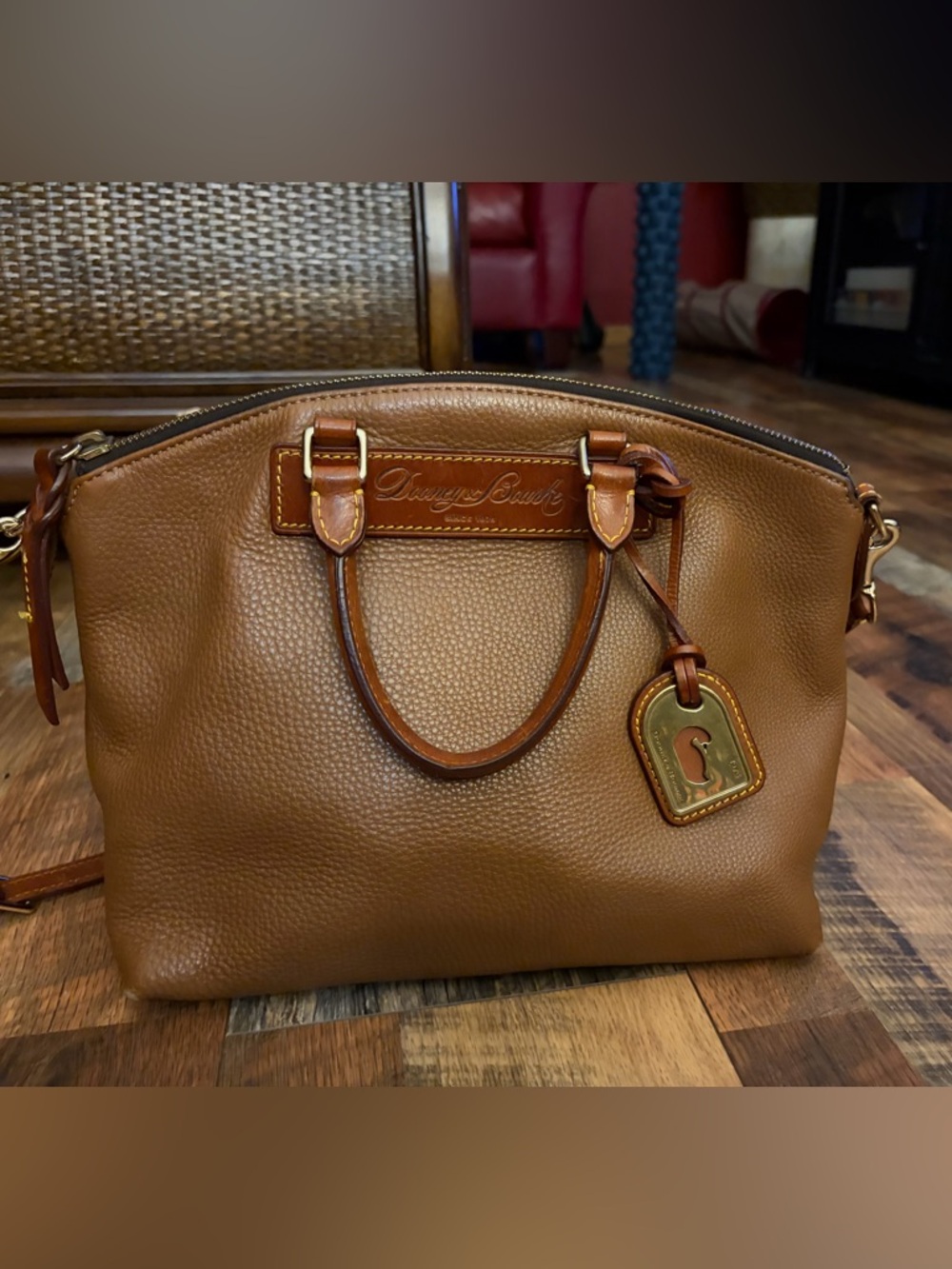 Dooney & Bourke Pebble Leather Satchel in Cognac Brown